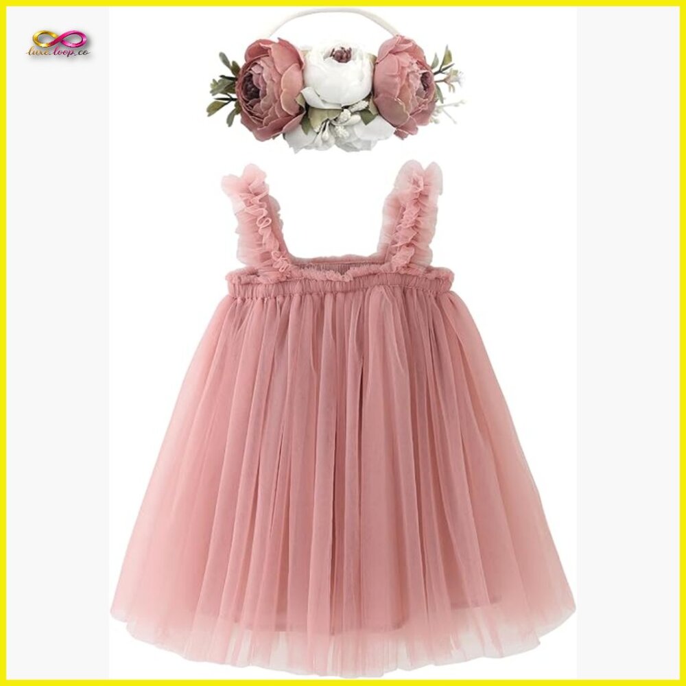 Layered Tulle Tutu Princess Dress Set with Flower Headband Toddler Girls